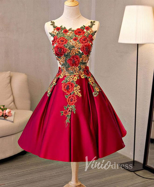 Red Floral Homecoming Dressese Corset Back SD1165S-Homecoming Dresses 2025 -Viniodress-Red-Custom Size-