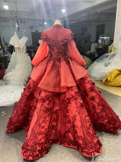 Red Floral Princess Dress Wedding Ball Gown 66878 Long Sleeve,High Neck-prom dresses 2025 -Viniodress-Red-Custom Size-