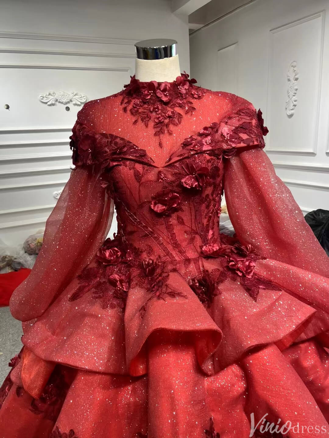 Red Floral Princess Dress Wedding Ball Gown 66878 Long Sleeve,High Nec –  Viniodress