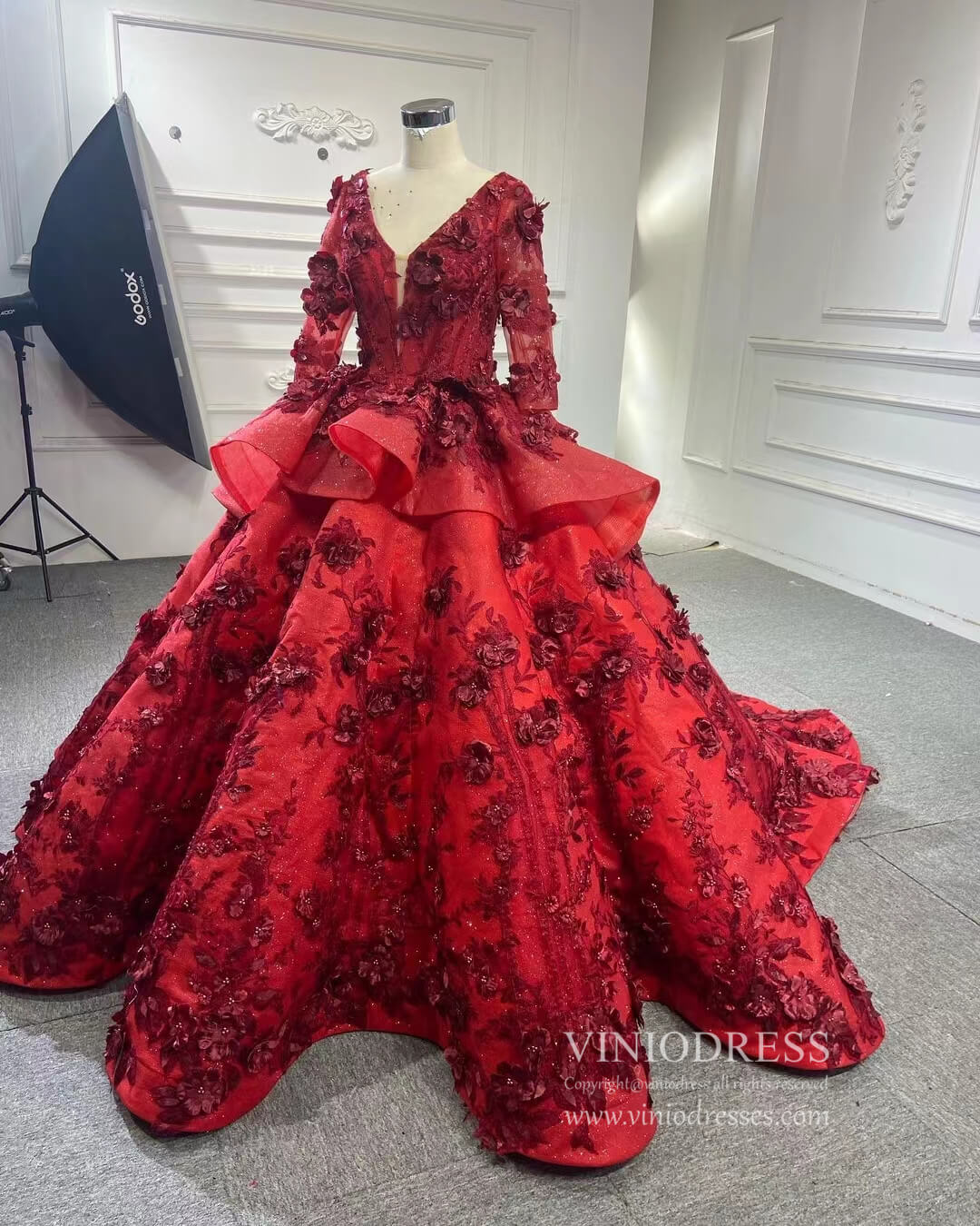 Red Floral Princess Dress Wedding Ball Gown 66878 Long Sleeve,High Neck-prom dresses 2025 -Viniodress-Red-Custom Size-