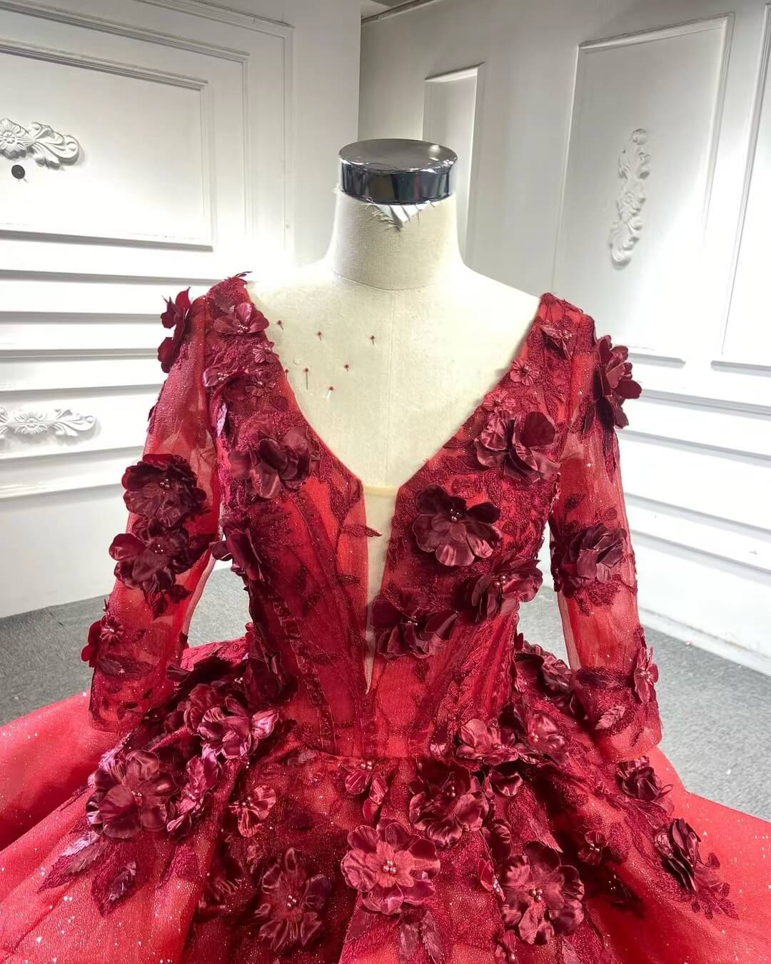 Red Floral Princess Dress Wedding Ball Gown 66878 Long Sleeve,High Neck-prom dresses 2025 -Viniodress-Red-Custom Size-