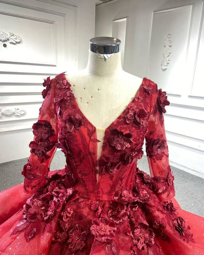 Red Floral Princess Dress Wedding Ball Gown 66878 Long Sleeve,High Neck-prom dresses 2025 -Viniodress-Red-Custom Size-