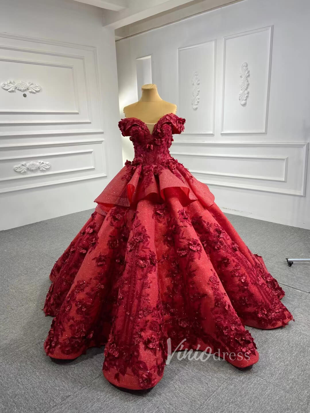 Red Floral Princess Dress Wedding Ball Gown 66878 Long Sleeve,High Neck-prom dresses 2025 -Viniodress-Red-Custom Size-