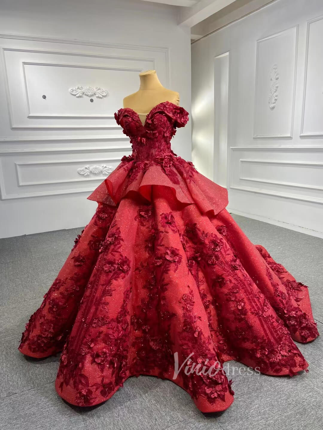 Red Floral Princess Dress Wedding Ball Gown 66878 Long Sleeve,High Neck-prom dresses 2025 -Viniodress-Red-Custom Size-