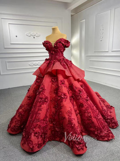 Red Floral Princess Dress Wedding Ball Gown 66878 Long Sleeve,High Neck-prom dresses 2025 -Viniodress-Red-Custom Size-
