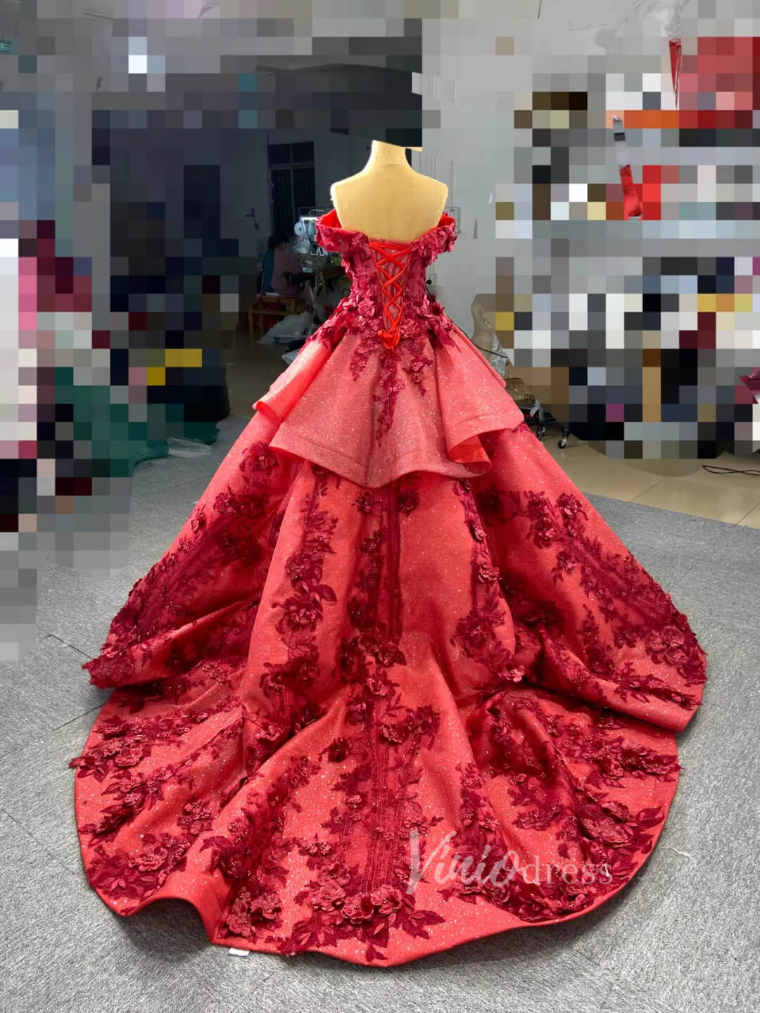 Red Floral Princess Dress Wedding Ball Gown 66878 Long Sleeve,High Neck-prom dresses-Viniodress-Viniodress