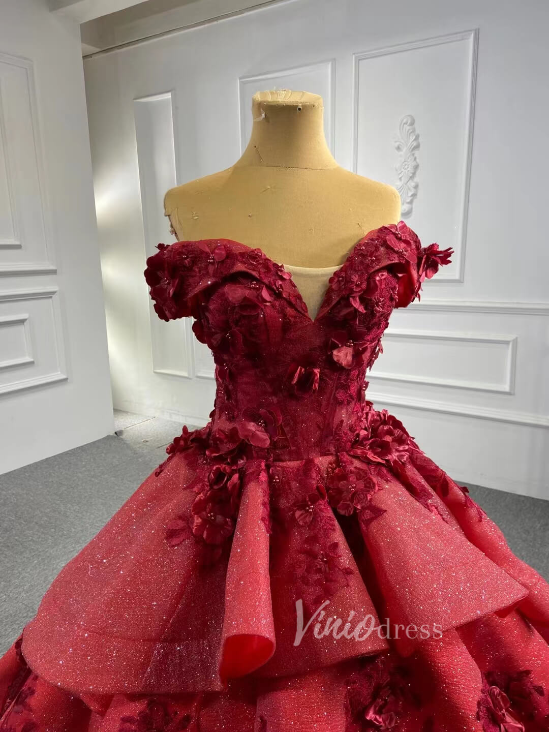 Red Floral Princess Dress Wedding Ball Gown 66878 Long Sleeve,High Neck-prom dresses-Viniodress-Viniodress