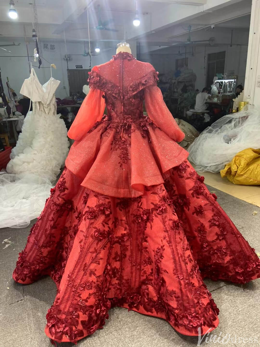 Red Floral Princess Dress Wedding Ball Gown 66878 Long Sleeve,High Neck-prom dresses-Viniodress-Viniodress