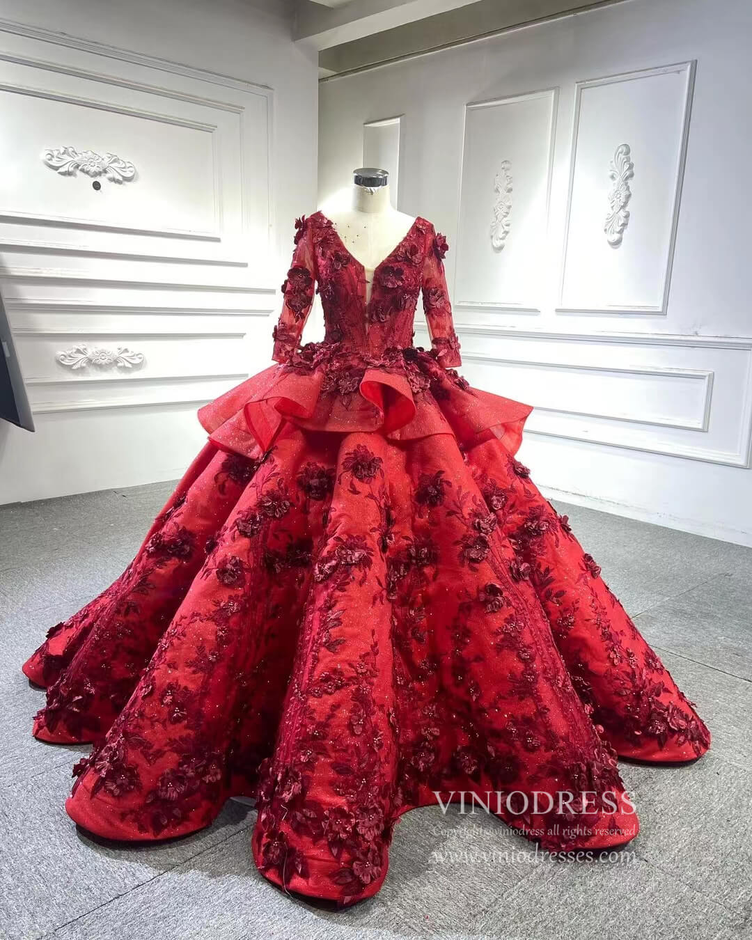 Red Floral Princess Dress Wedding Ball Gown 66878 Long Sleeve,High Neck-prom dresses-Viniodress-Viniodress