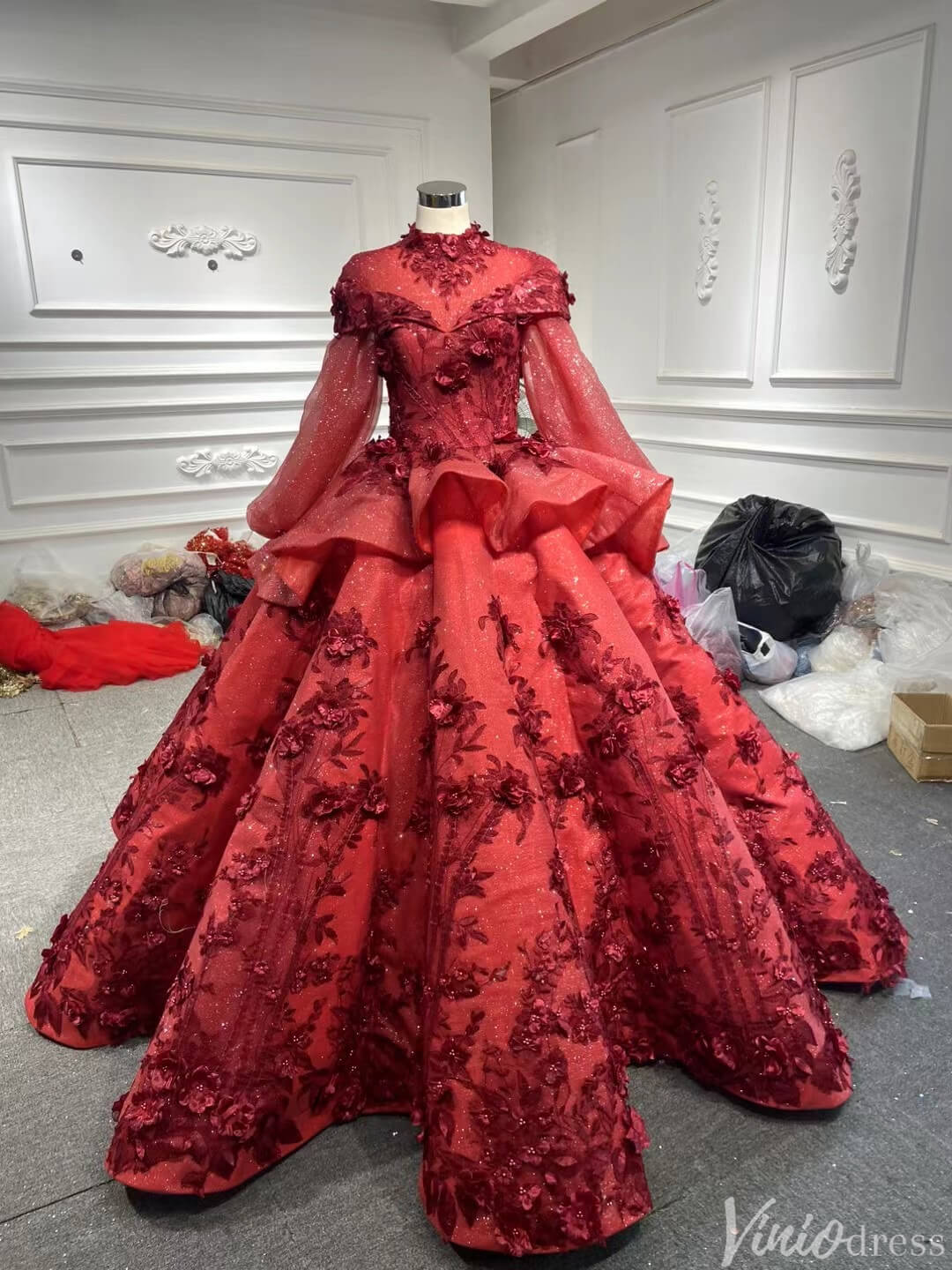 Red Floral Princess Dress Wedding Ball Gown 66878 Long Sleeve,High Neck-prom dresses-Viniodress-Viniodress