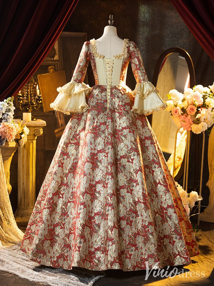 Red Floral Print Bow Tie Vintage Ball Gown Lacy Puffed Sleeve Princess Dress AD1309-Quinceanera Dresses 2025 -Viniodress-Red-Custom Size-