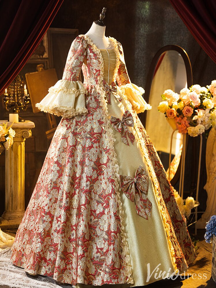 Red Floral Print Bow Tie Vintage Ball Gown Lacy Puffed Sleeve Princess Dress AD1309-Quinceanera Dresses 2025 -Viniodress-Red-Custom Size-