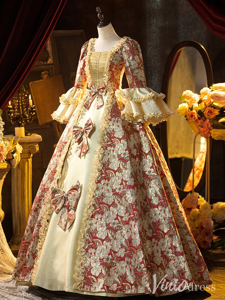 Red Floral Print Bow Tie Vintage Ball Gown Lacy Puffed Sleeve Princess Dress AD1309-Quinceanera Dresses 2025 -Viniodress-Red-Custom Size-