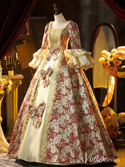 Red Floral Print Bow Tie Vintage Ball Gown Lacy Puffed Sleeve Princess Dress AD1309-Quinceanera Dresses 2025 -Viniodress-Red-Custom Size-