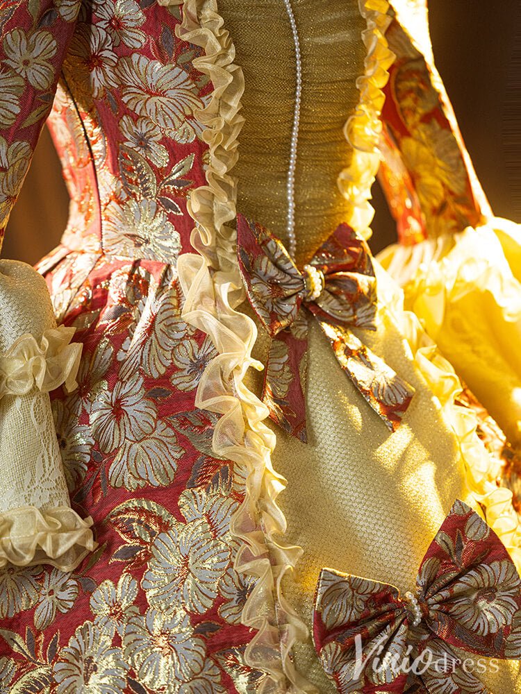 Red Floral Print Bow Tie Vintage Ball Gown Lacy Puffed Sleeve Princess Dress AD1309-Quinceanera Dresses 2025 -Viniodress-Red-Custom Size-