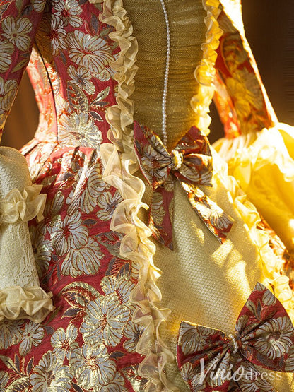 Red Floral Print Bow Tie Vintage Ball Gown Lacy Puffed Sleeve Princess Dress AD1309-Quinceanera Dresses 2025 -Viniodress-Red-Custom Size-