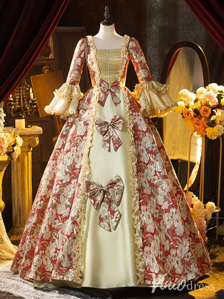 Red Floral Print Bow Tie Vintage Ball Gown Lacy Puffed Sleeve Princess Dress AD1309-Quinceanera Dresses 2025 -Viniodress-Red-Custom Size-