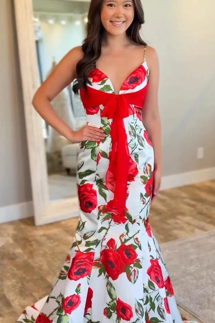 Red Rose Print Mermaid Prom Dress with Front Bow Sash  SS311  Viniodress