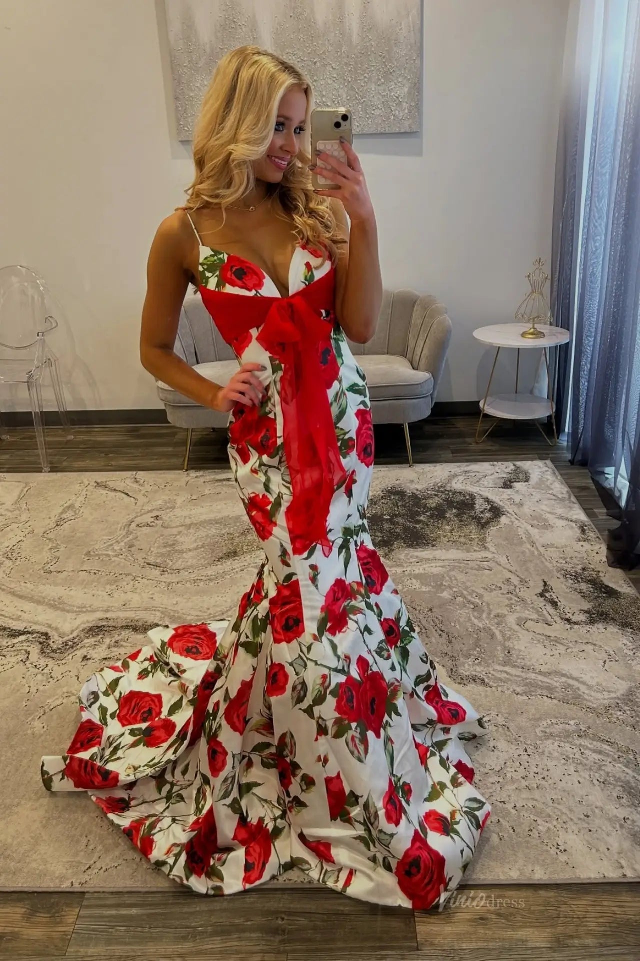 Red Rose Print Mermaid Prom Dress with Front Bow Sash SS311 Viniodress Red Rose Print Mermaid Prom Dress with Front Bow Sash SS311 Viniodress