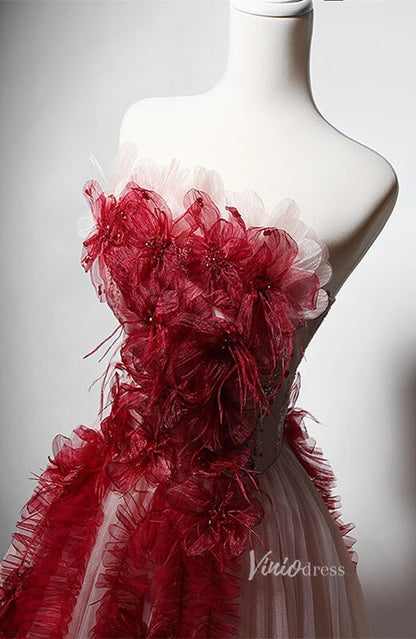 Red Floral Ruffled Prom Dresses Strapless Formal Dress AD1213-prom dresses 2025 -Viniodress-Red-Custom Size-