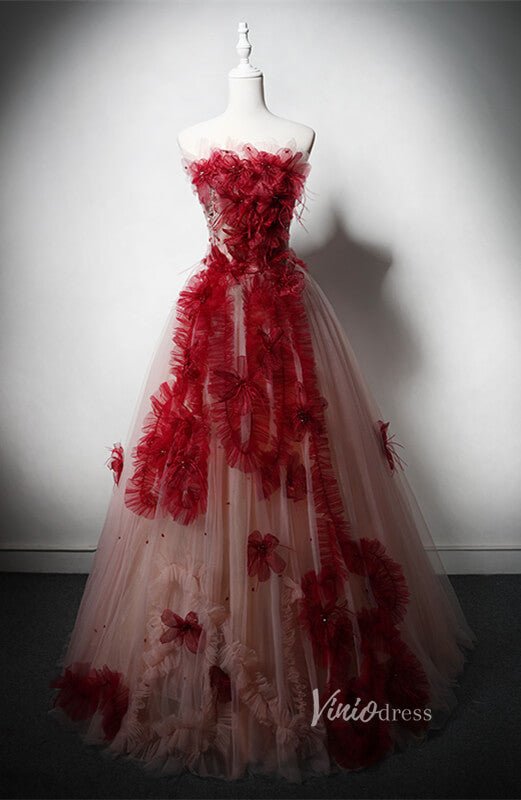 Red Floral Ruffled Prom Dresses Strapless Formal Dress AD1213-prom dresses 2025 -Viniodress-Red-Custom Size-