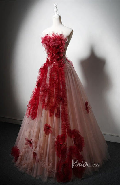 Red Floral Ruffled Prom Dresses Strapless Formal Dress AD1213-prom dresses 2025 -Viniodress-Red-Custom Size-