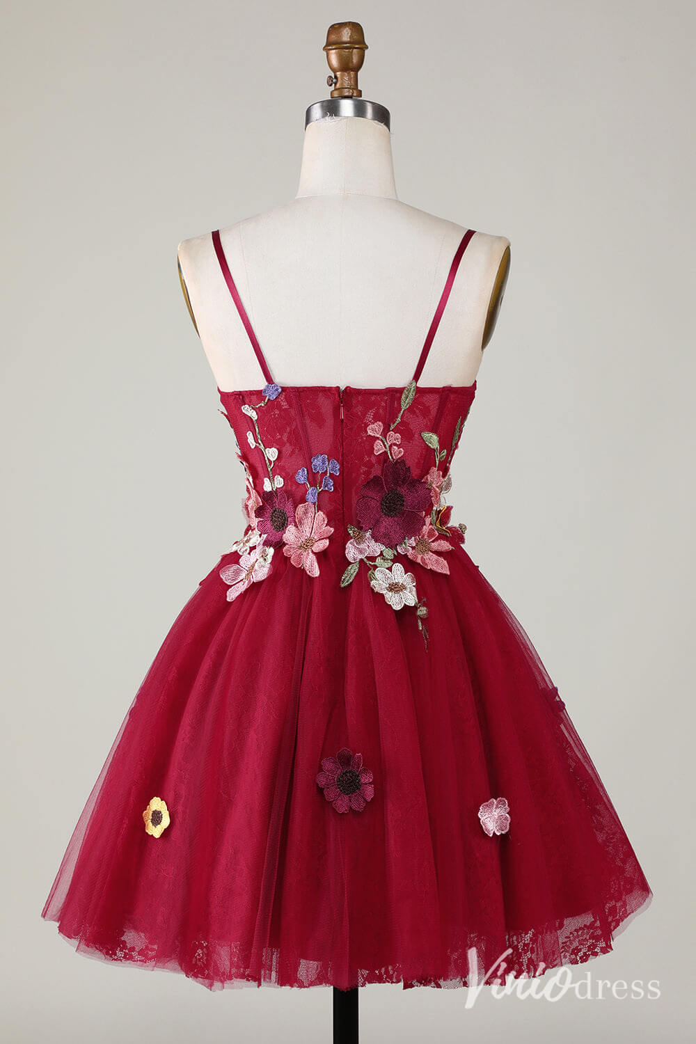 Red Floral Spaghetti Strap Homecoming Dresses Lace Applique Back to School Dress S24082-Homecoming Dresses 2025 -Viniodress-Red-Custom Size-