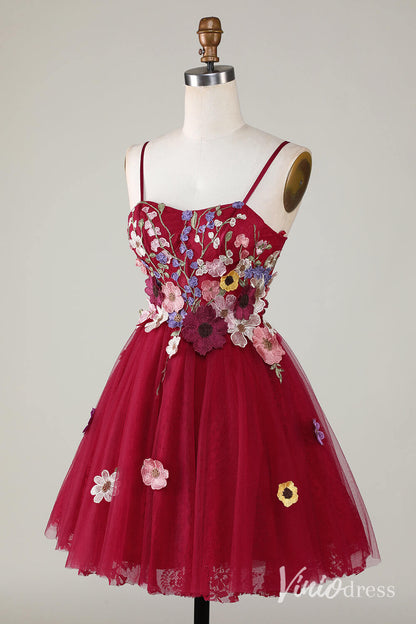 Red Floral Spaghetti Strap Homecoming Dresses Lace Applique Back to School Dress S24082-Homecoming Dresses 2025 -Viniodress-Red-Custom Size-