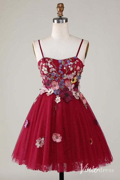 Red Floral Spaghetti Strap Homecoming Dresses Lace Applique Back to School Dress S24082-Homecoming Dresses 2025 -Viniodress-Red-Custom Size-