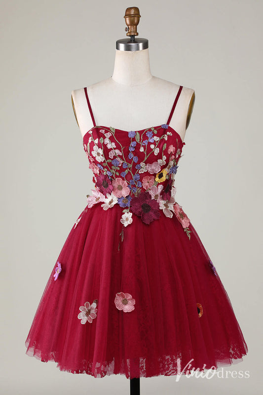 Red Floral Spaghetti Strap Homecoming Dresses Lace Applique Back to School Dress S24082-Homecoming Dresses 2025 -Viniodress-Red-Custom Size-