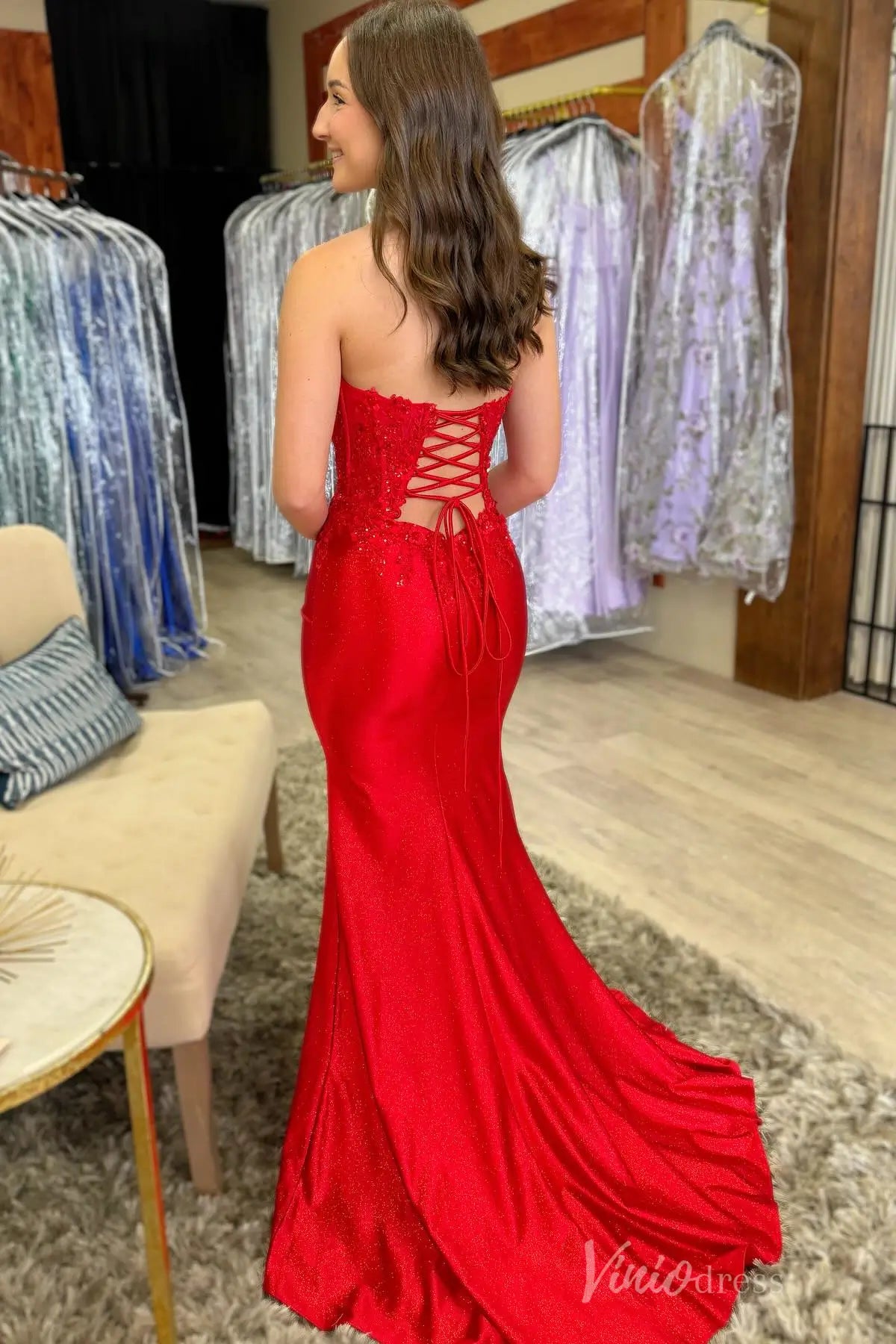 Red Glitter Lace Prom Dress with Strapless Sweetheart Neckline, 3D Floral Appliqué, and Lace-Up Back – SS081-Homecoming Dresses 2025 -Viniodress-Red-Custom Size-