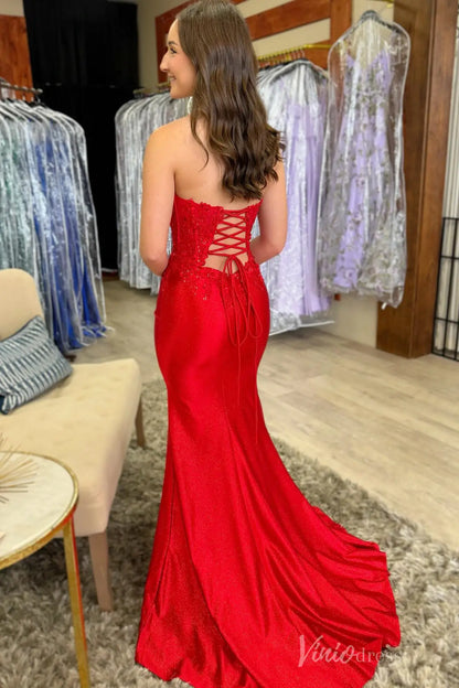 Red Glitter Lace Prom Dress with Strapless Sweetheart Neckline, 3D Floral Appliqué, and Lace-Up Back – SS081-Homecoming Dresses 2025 -Viniodress-Red-Custom Size-