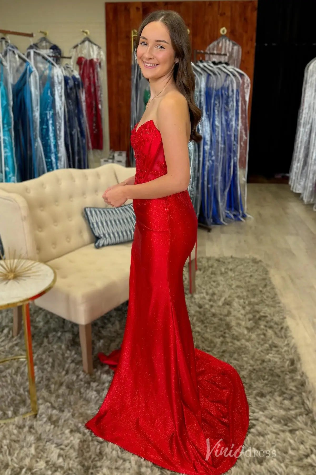 Red Glitter Lace Prom Dress with Strapless Sweetheart Neckline, 3D Floral Appliqué, and Lace-Up Back – SS081-Homecoming Dresses 2025 -Viniodress-Red-Custom Size-