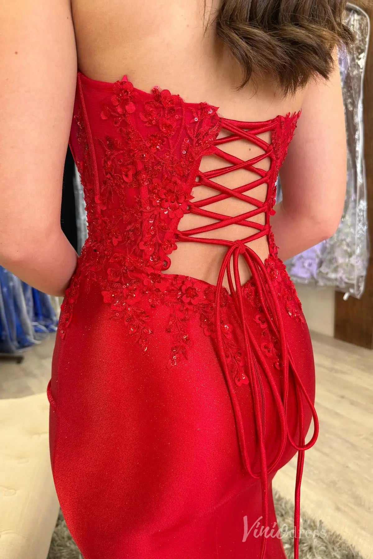 Red Glitter Lace Prom Dress with Strapless Sweetheart Neckline, 3D Floral Appliqué, and Lace-Up Back – SS081-Homecoming Dresses 2025 -Viniodress-Red-Custom Size-