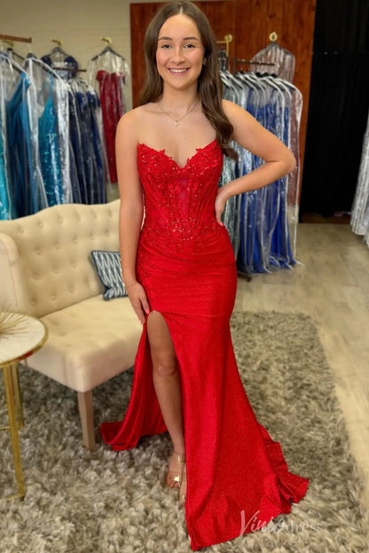 Red Glitter Lace Prom Dress with Strapless Sweetheart Neckline, 3D Floral Appliqué, and Lace-Up Back – SS081-Homecoming Dresses 2025 -Viniodress-Red-Custom Size-