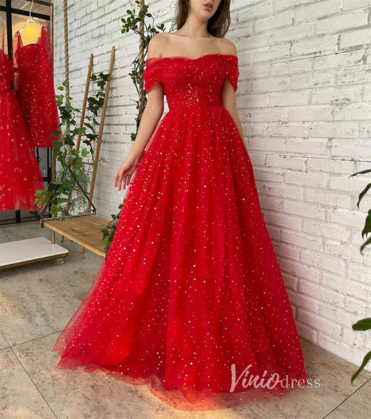 Red Glitter Star Prom Dress with Pockets Off the Shoulder Formal Dresses SD1437L-prom dresses 2025 -Viniodress-Red-Custom Size-