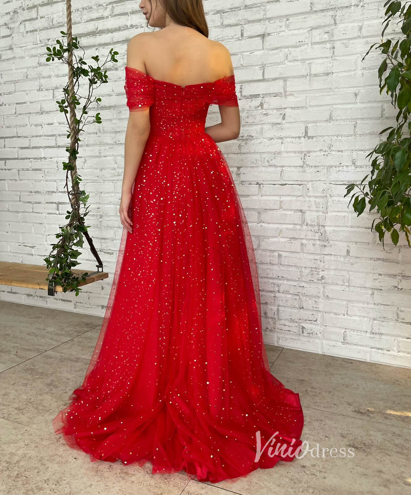Red Glitter Star Prom Dress with Pockets Off the Shoulder Formal Dresses SD1437L-prom dresses 2025 -Viniodress-Red-Custom Size-
