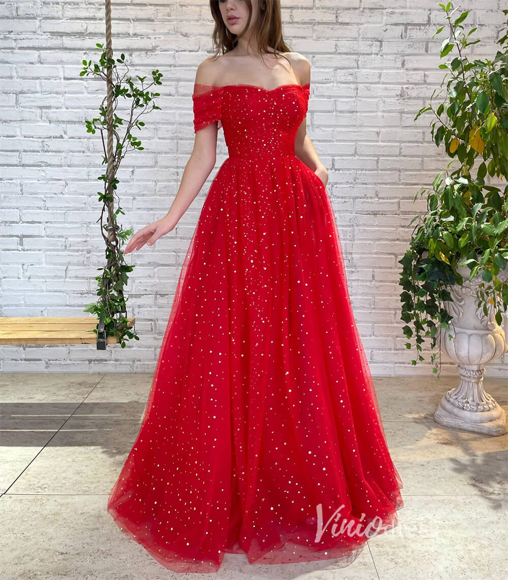 Red Glitter Star Prom Dress with Pockets Off the Shoulder Formal Dresses SD1437L-prom dresses 2025 -Viniodress-Red-Custom Size-