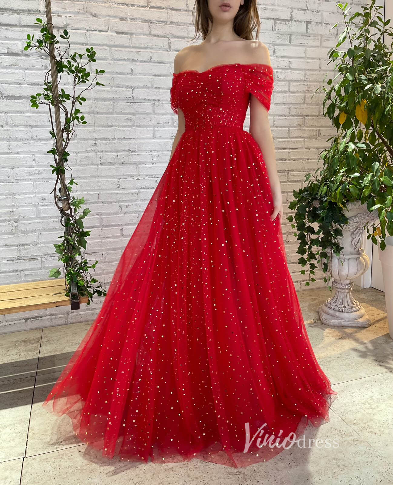 Red Glitter Star Prom Dress with Pockets Off the Shoulder Formal Dresses SD1437L-prom dresses 2025 -Viniodress-Red-Custom Size-