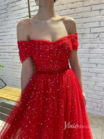 Red Glitter Star Prom Dress with Pockets Off the Shoulder Formal Dresses SD1437L-prom dresses 2025 -Viniodress-Red-Custom Size-