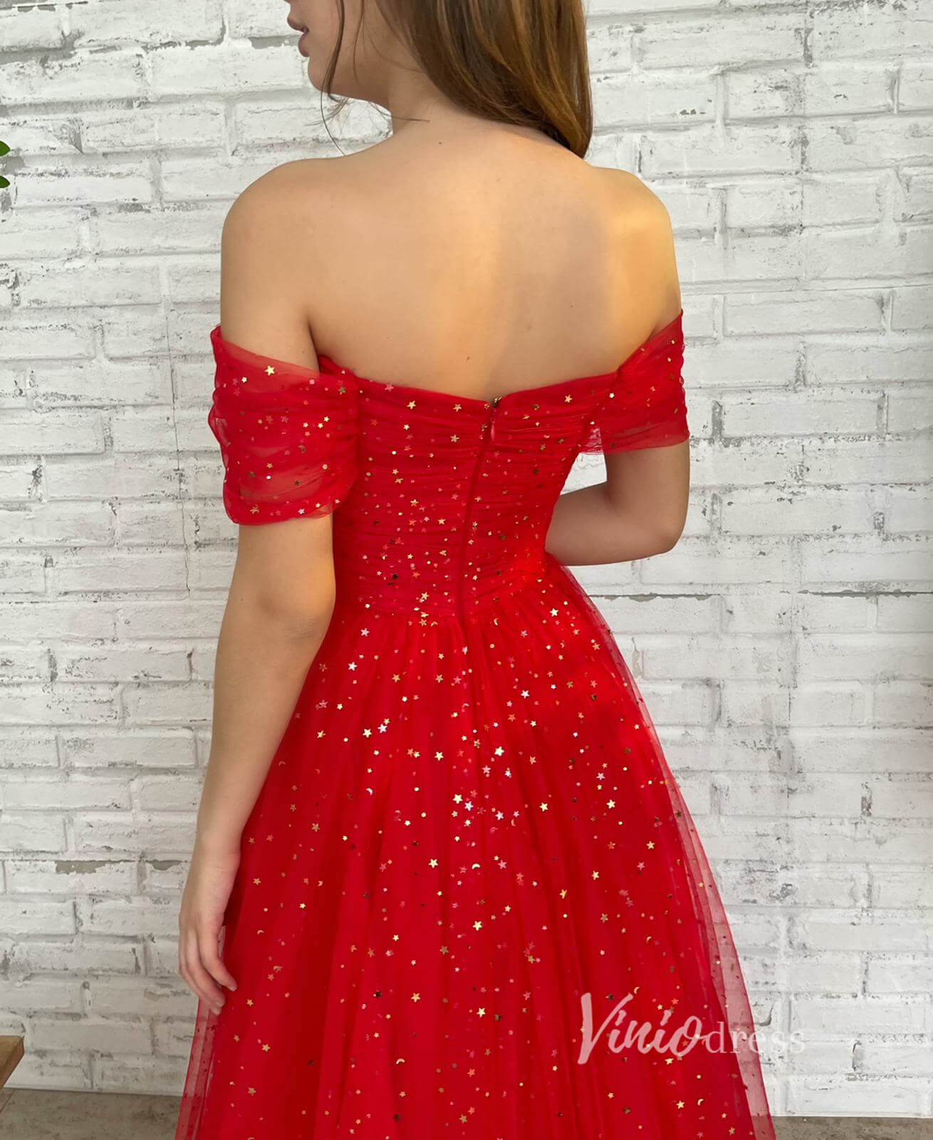 Red Glitter Star Prom Dress with Pockets Off the Shoulder Formal Dress –  Viniodress