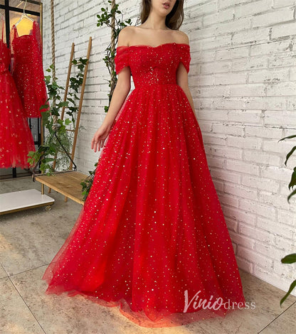 Red Glitter Star Prom Dress with Pockets Off the Shoulder Formal Dress –  Viniodress