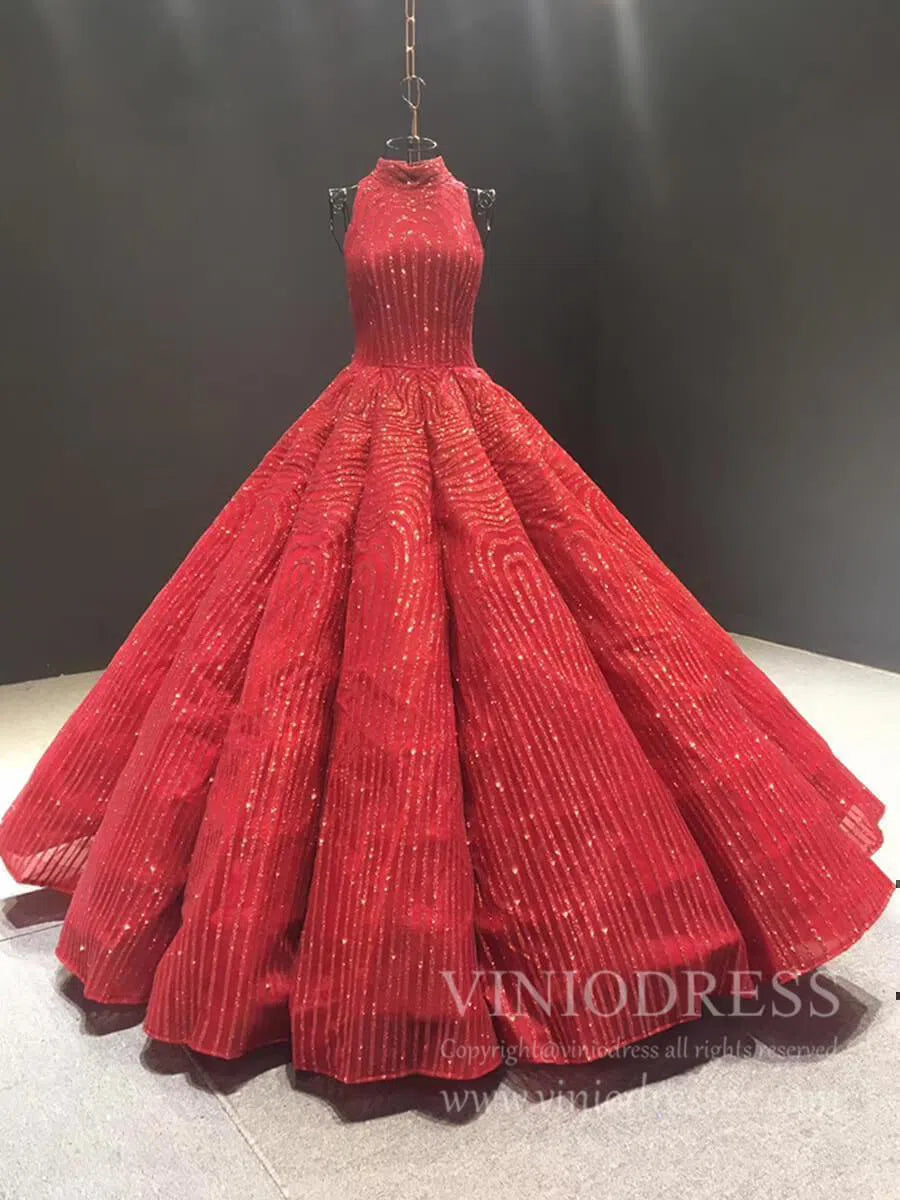 Red High Neck Modest Ball Gowns Vintage Prom Dress FD1218 viniodress-prom dresses 2025 -Viniodress-Red-Custom Size-
