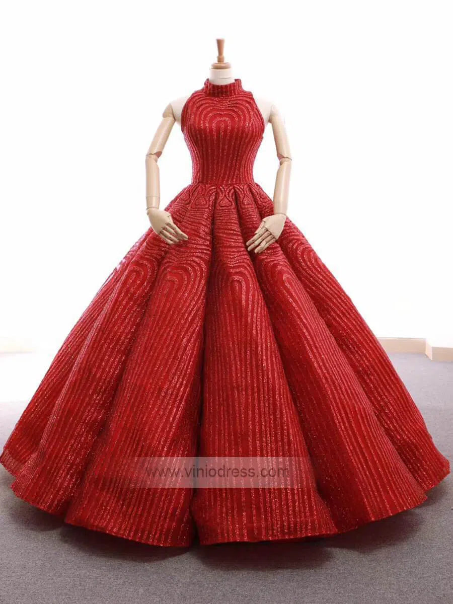 Red High Neck Modest Ball Gowns Vintage Prom Dress FD1218 viniodress-prom dresses-Viniodress-Red-Custom Size-Viniodress