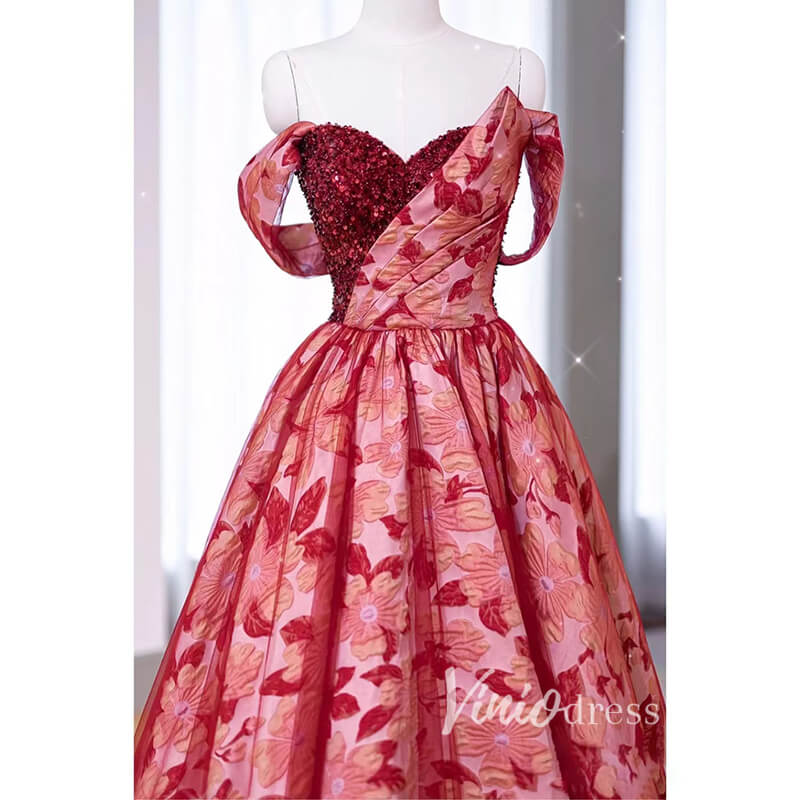 Red Jacquard Prom Dresses Long Sweetheart Neck FD3409 Off the Shoulder-prom dresses 2025 -Viniodress-Red-Custom Size-