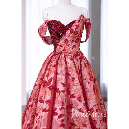 Red Jacquard Prom Dresses Long Sweetheart Neck FD3409 Off the Shoulder-prom dresses 2025 -Viniodress-Red-Custom Size-