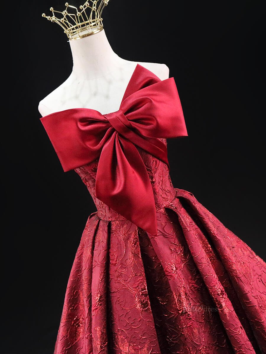 Red Jacquard Prom Dresses with Bow, Corset Back, Strapless Quinceanera Dresses SU034-prom dresses 2025 -Viniodress-Red-Custom Size-