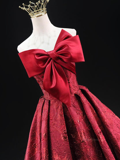 Red Jacquard Prom Dresses with Bow, Corset Back, Strapless Quinceanera Dresses SU034-prom dresses 2025 -Viniodress-Red-Custom Size-