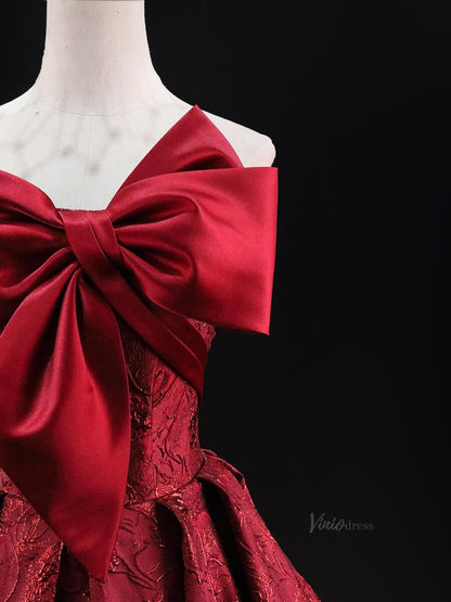 Red Jacquard Prom Dresses with Bow, Corset Back, Strapless Quinceanera Dresses SU034-prom dresses 2025 -Viniodress-Red-Custom Size-