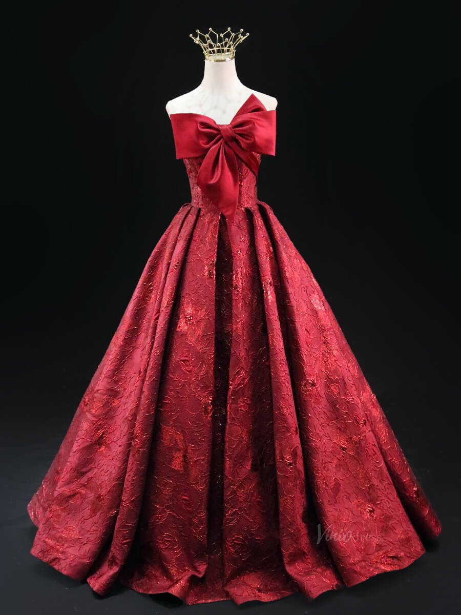 Red Jacquard Prom Dresses with Bow, Corset Back, Strapless Quinceanera Dresses SU034-prom dresses 2025 -Viniodress-Red-Custom Size-